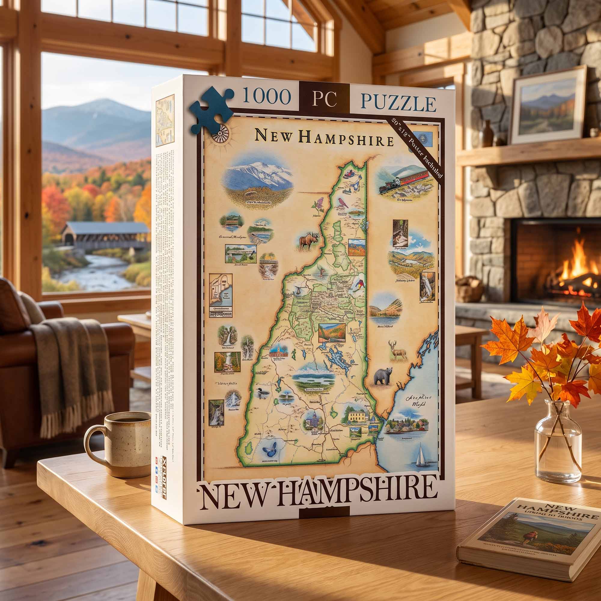 A 1000-piece New Hampshire jigsaw puzzle box displayed on a wooden table in a cozy, wood-paneled living room with a fireplace and window view of mountains and autumn foliage.