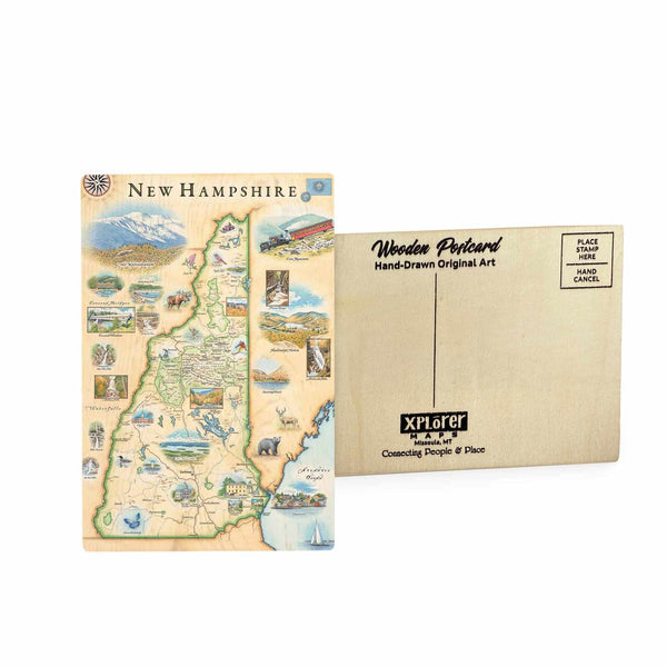 New Hampshire hand-drawn map wooden postcard made from sustainable Birch wood, featuring full-color artwork by Xplorer Maps.