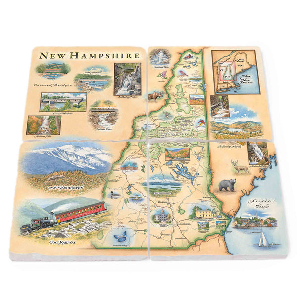 New Hampshire Map natural stone coasters set of four. The map features illustrations of the Cog Railway, Crawford Notch, Portsmouth, moose, deer, and Mount Washington.