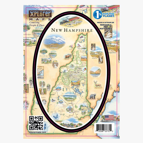 New Hampshire state map sticker with illustrations of a black bear, deer, and Mt. Washington.