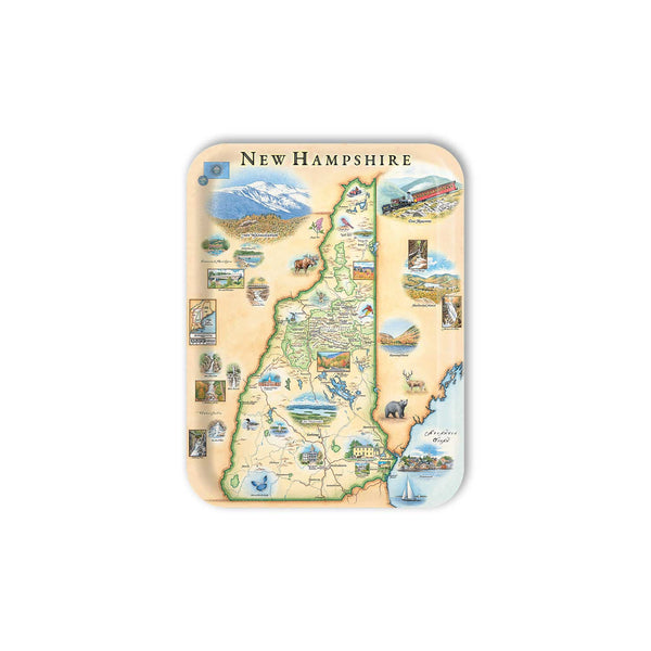 Medium Serving Tray Map of New Hampshire with scenic illustrations on a white background
