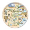 Round Serving Tray Map of New Hampshire with various scenic illustrations on a decorative plate.