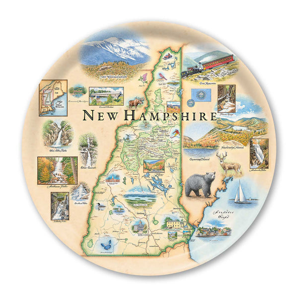 Round Serving Tray Map of New Hampshire with various scenic illustrations on a decorative plate.