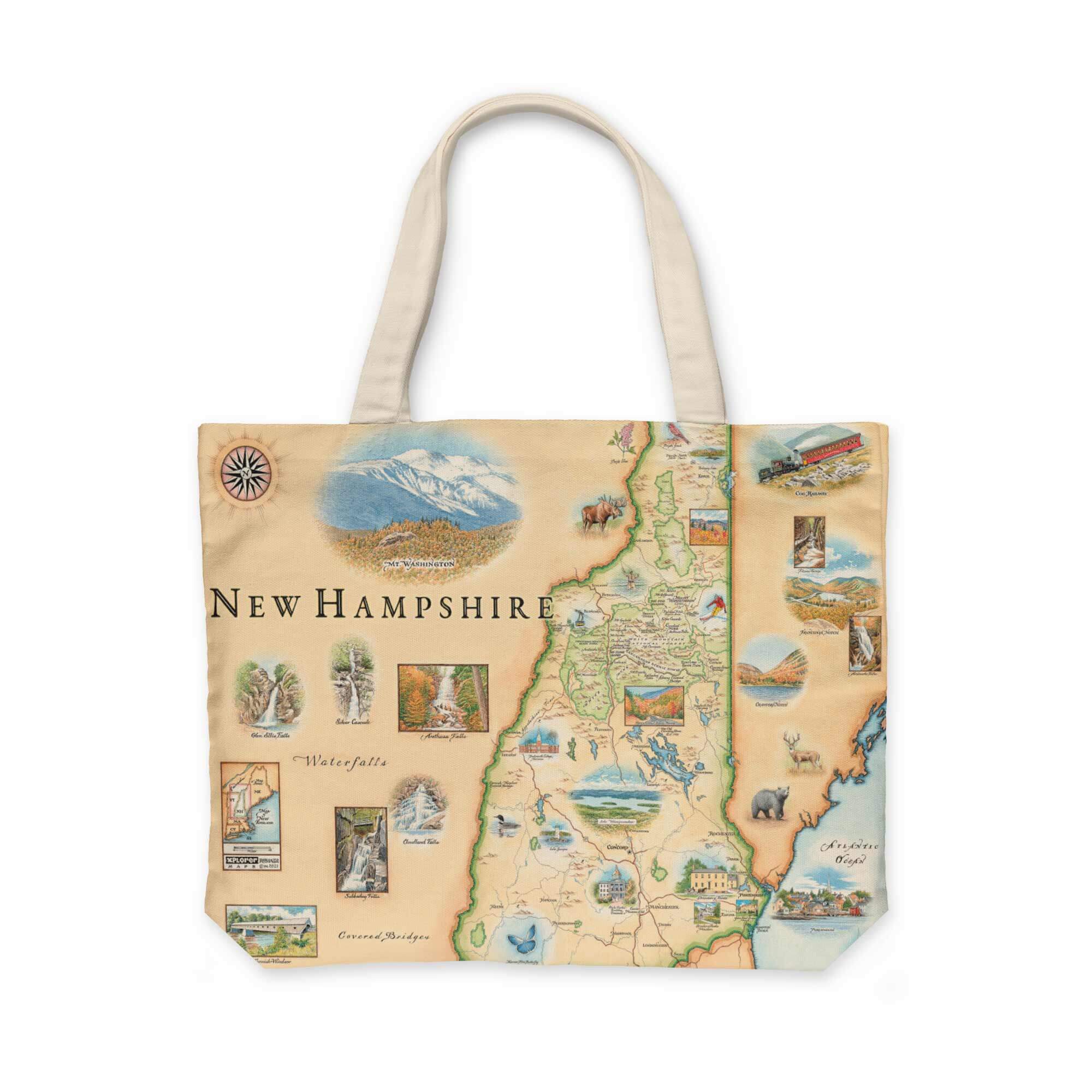 Embrace the spirit of New Hampshire with this spacious canvas tote bag. Adorned with illustrations of iconic attractions like the Cog Railway, majestic wildlife such as bears, deer, and moose, picturesque waterfalls, and the towering Mt. Washington, it showcases the state's scenic landscapes and rustic charm. Perfect for everyday use or as a stylish carryall, it's the ideal accessory for expressing your love for the Granite State.