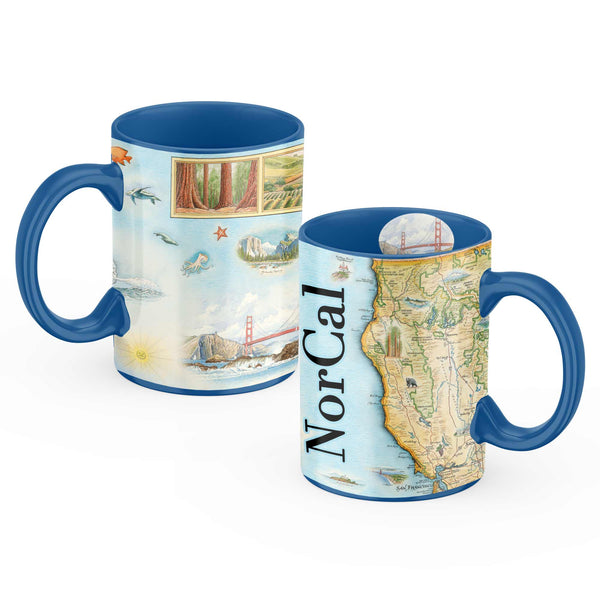 North California State Map Ceramic Mug in earth tones. Featuring black bear, fish, San Francisco, ocean, beach, and Redwood Trees. Blue -16oz