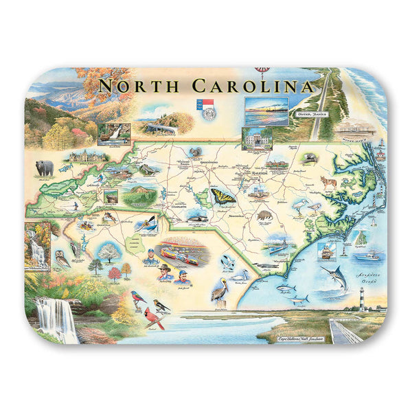Large Serving Tray Map of North Carolina with various attractions and landmarks on a white background