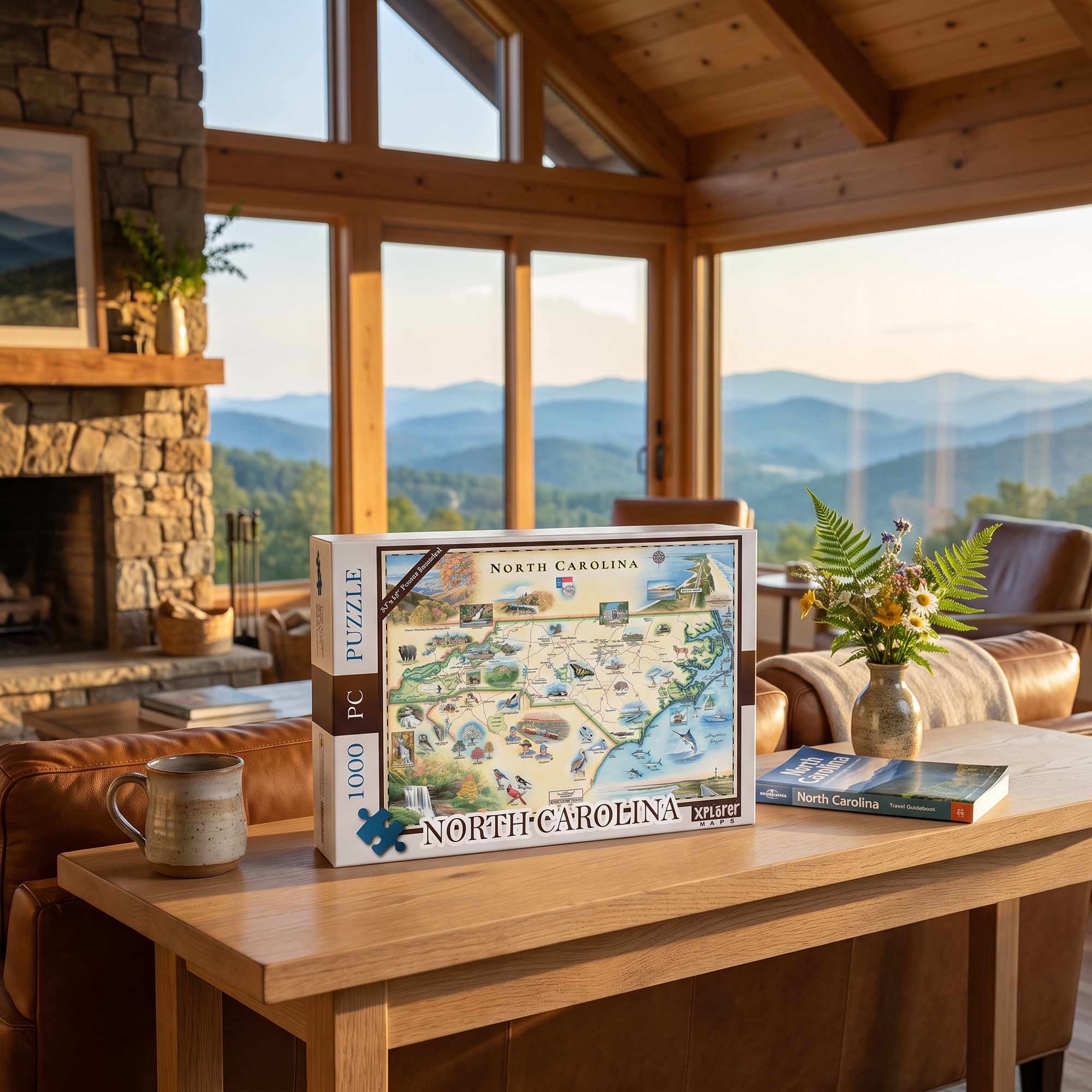 A boxed North Carolina puzzle sits on a wooden table in a cozy living room with large windows overlooking mountains. The box shows a colorful illustrated map of North Carolina, and the room has leather seating, a stone fireplace, and warm natural light.