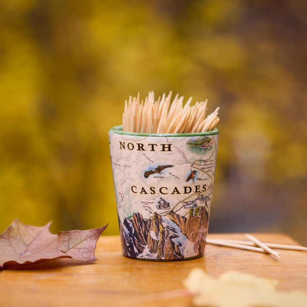 Shot glass of toothpicks with a 'North Cascades' design on a wooden surface with blurred natural background