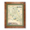 A framed vintage-style map of Cascades National Park, featuring a rustic brown wood frame, an olive green mat, and a cream-colored map with illustrated details.