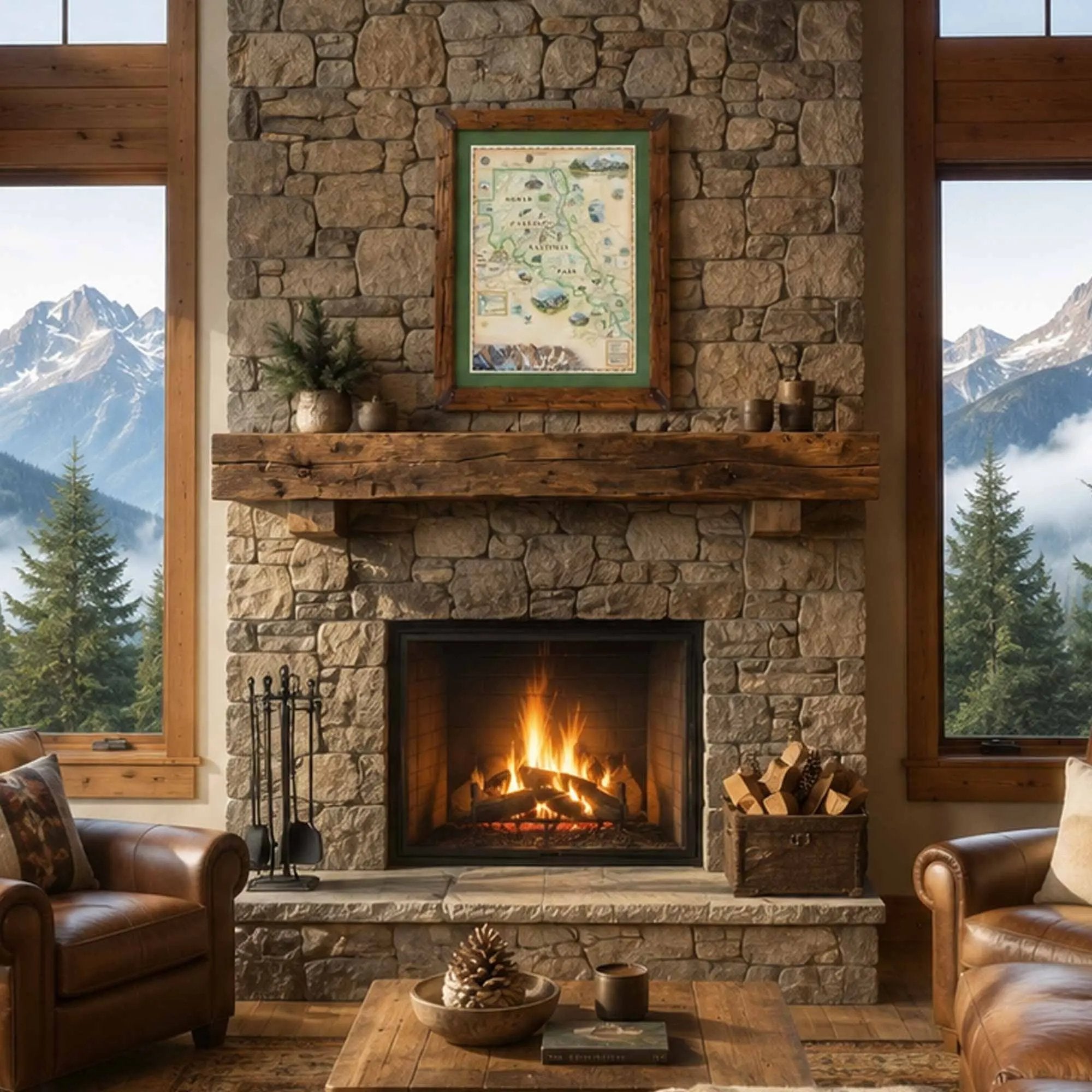 A framed vintage-style map print with a green border hangs on a rustic stone fireplace mantel in a cozy mountain lodge setting, with leather armchairs, a coffee table, and large windows showing snowy mountain views.