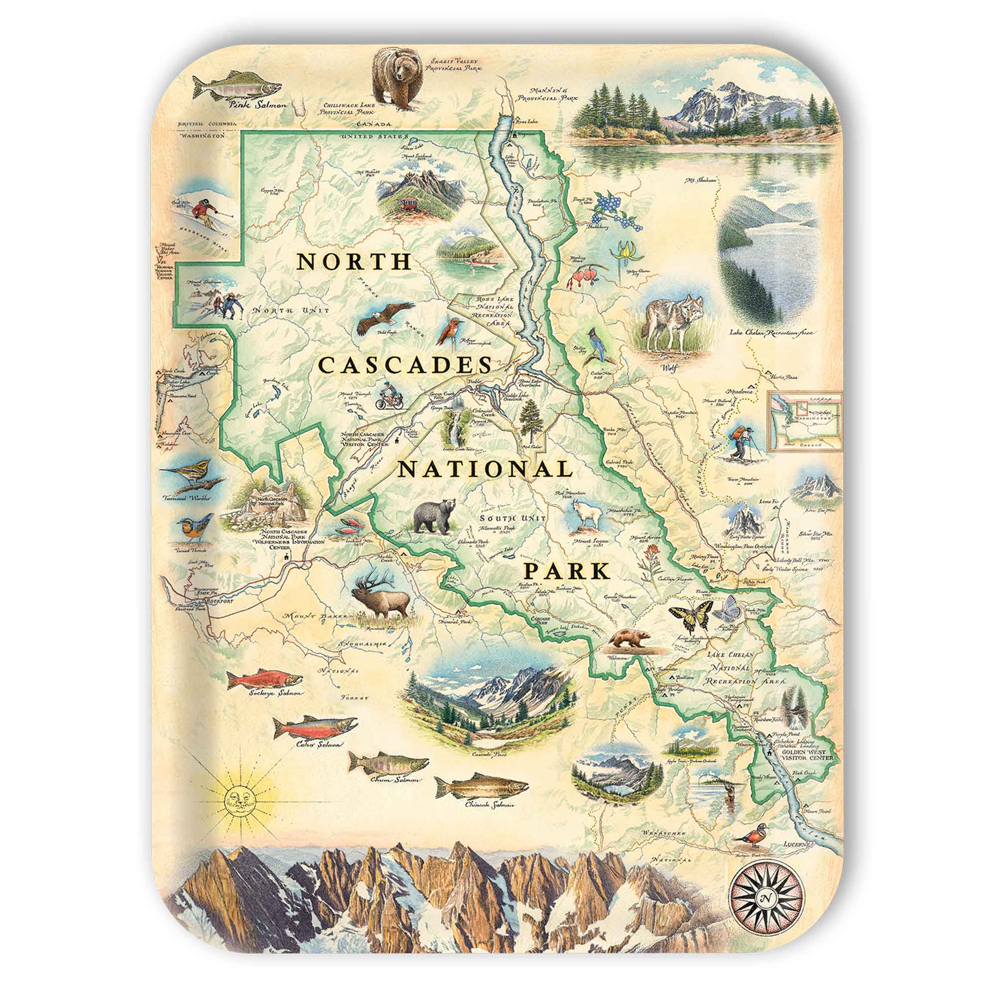 Large Serving Tray Map of North Cascades National Park with illustrations of animals and scenery.