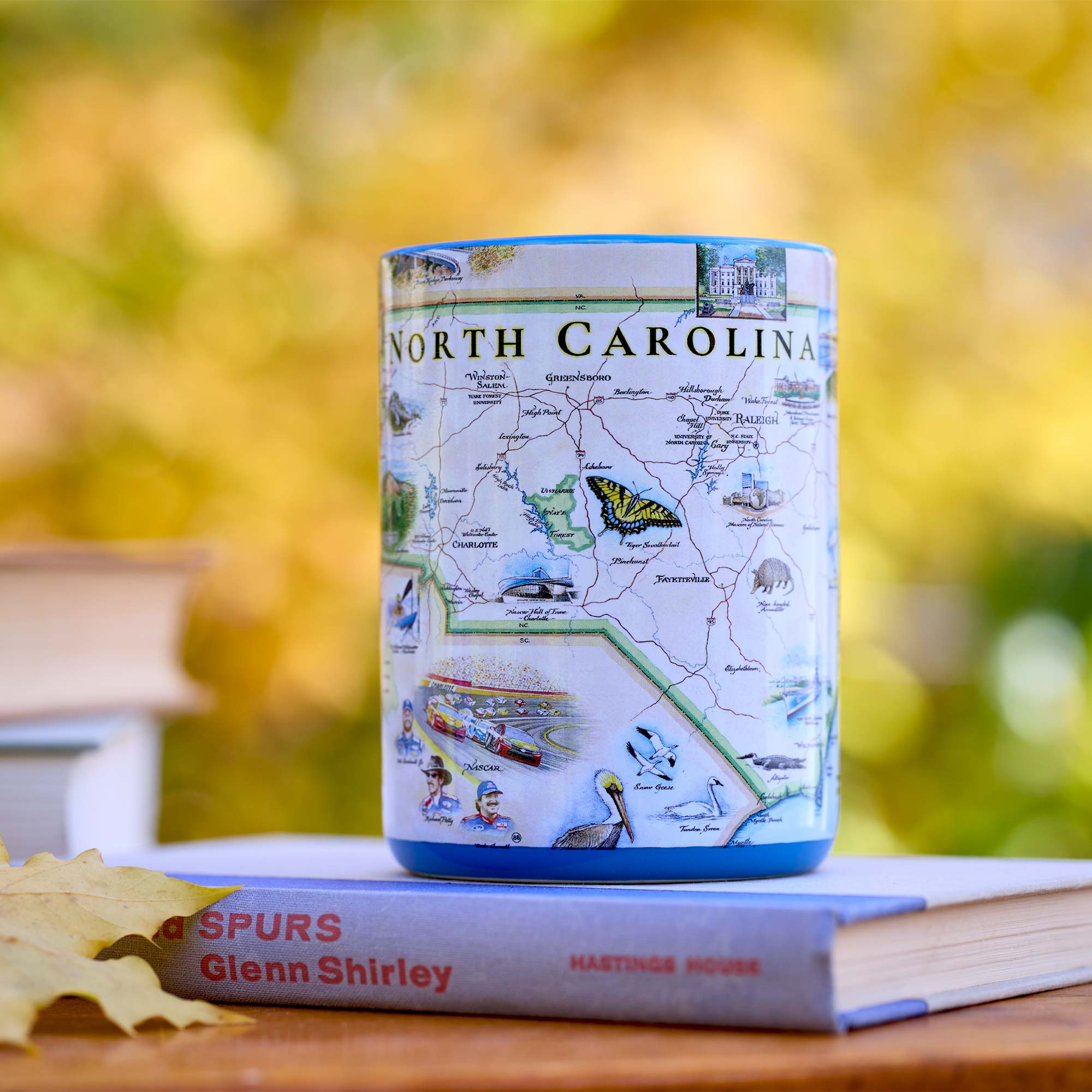 Ceramic mug with North Carolina map design on a book against a blurred natural background