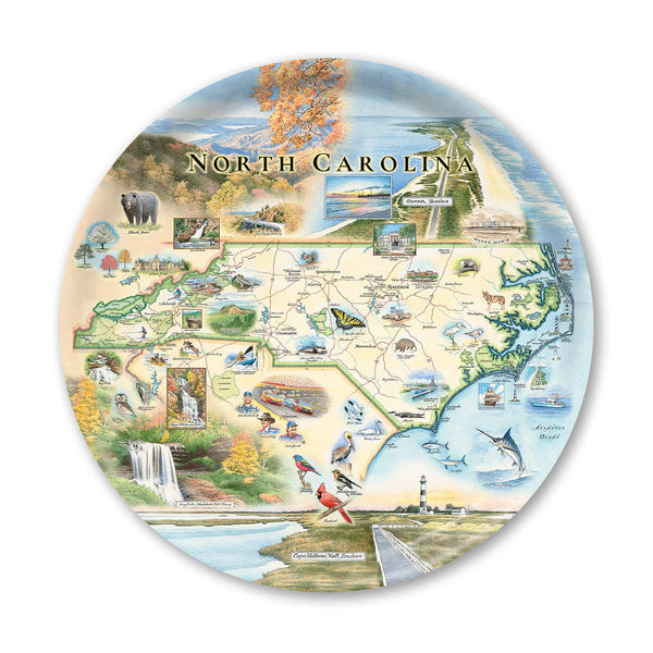 Round Serving Tray Map of North Carolina with various icons and scenic illustrations on a white background