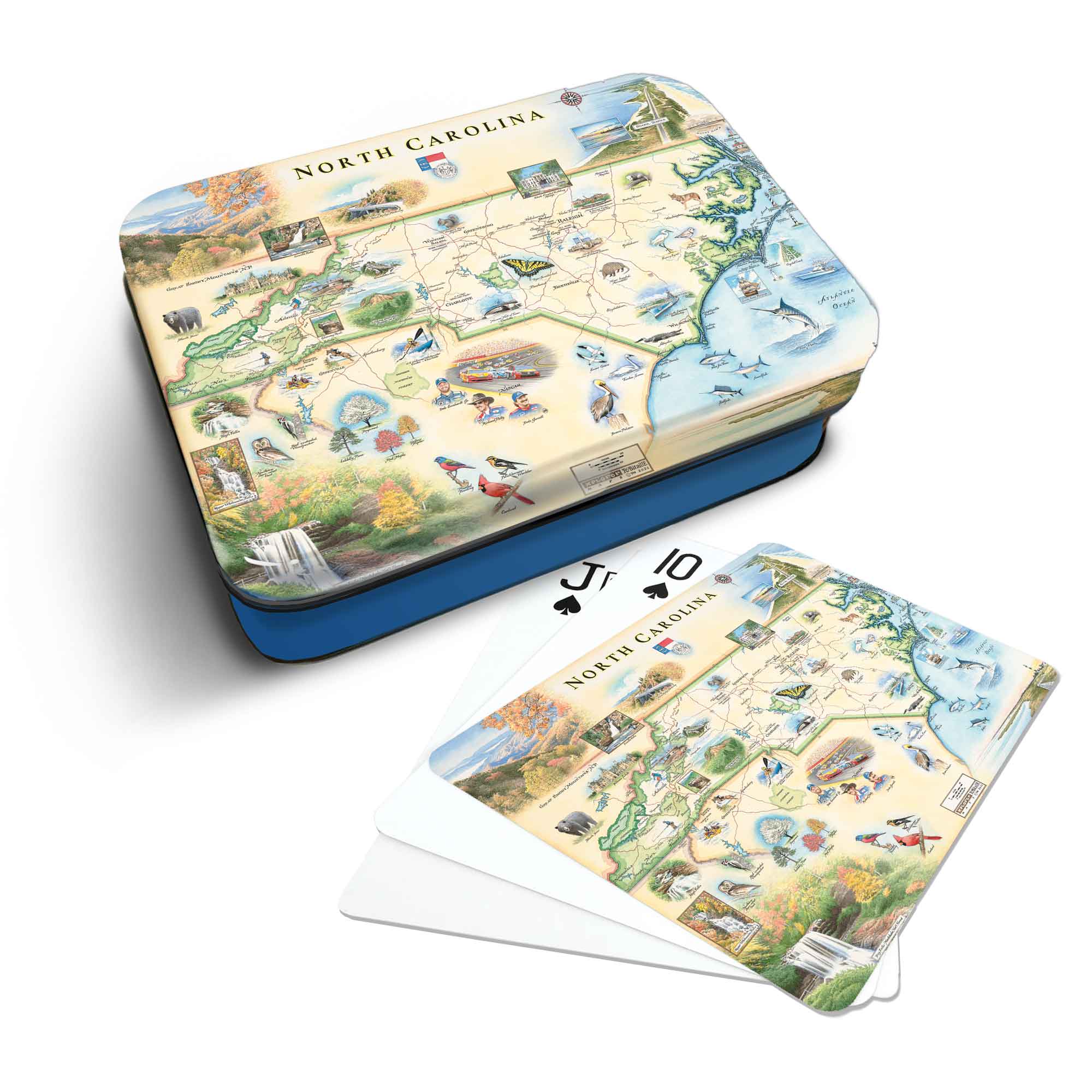 North Carolina Map Playing cards that features iconic attractions, flora and fauna of that area - Blue Metal Tin