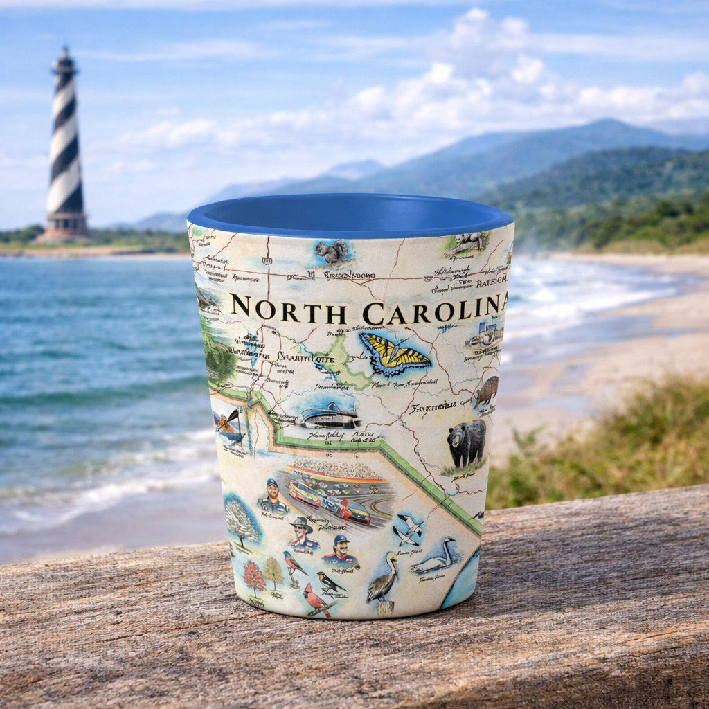Shot glass with North Carolina map design on a wooden surface with a lighthouse and ocean in the background
