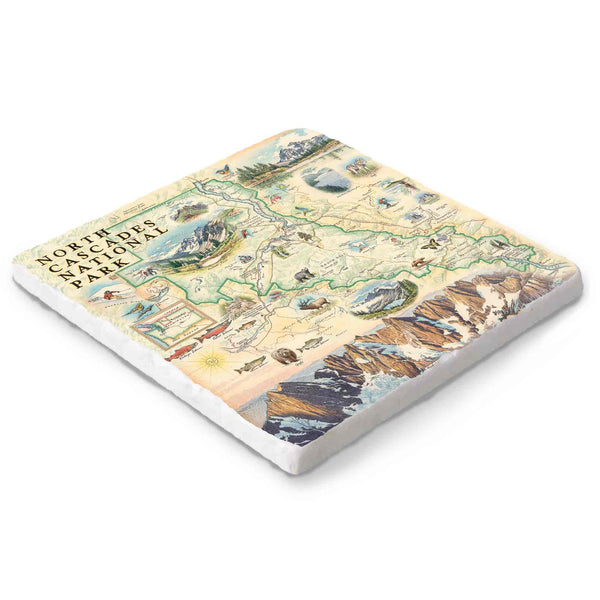 North Cascades National Park hand-drawn marble trivet by Xplorer Maps – 6x6.