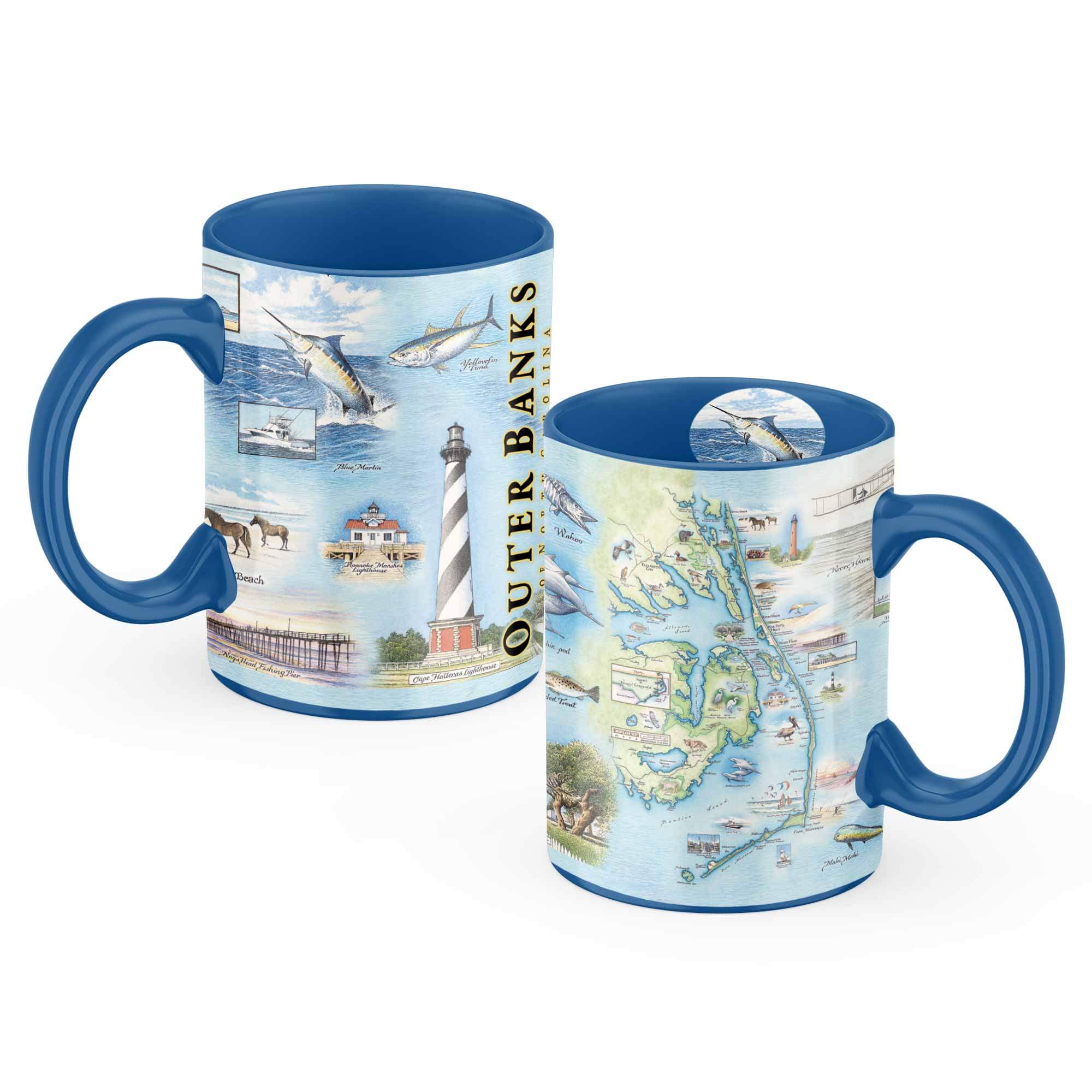 Outer Banks ceramic mug in blue. With serene ocean hues, it evokes memories of this beloved North Carolina destination with every sip. Adorned with serene beach scenes, iconic lighthouses, and vibrant marine life,