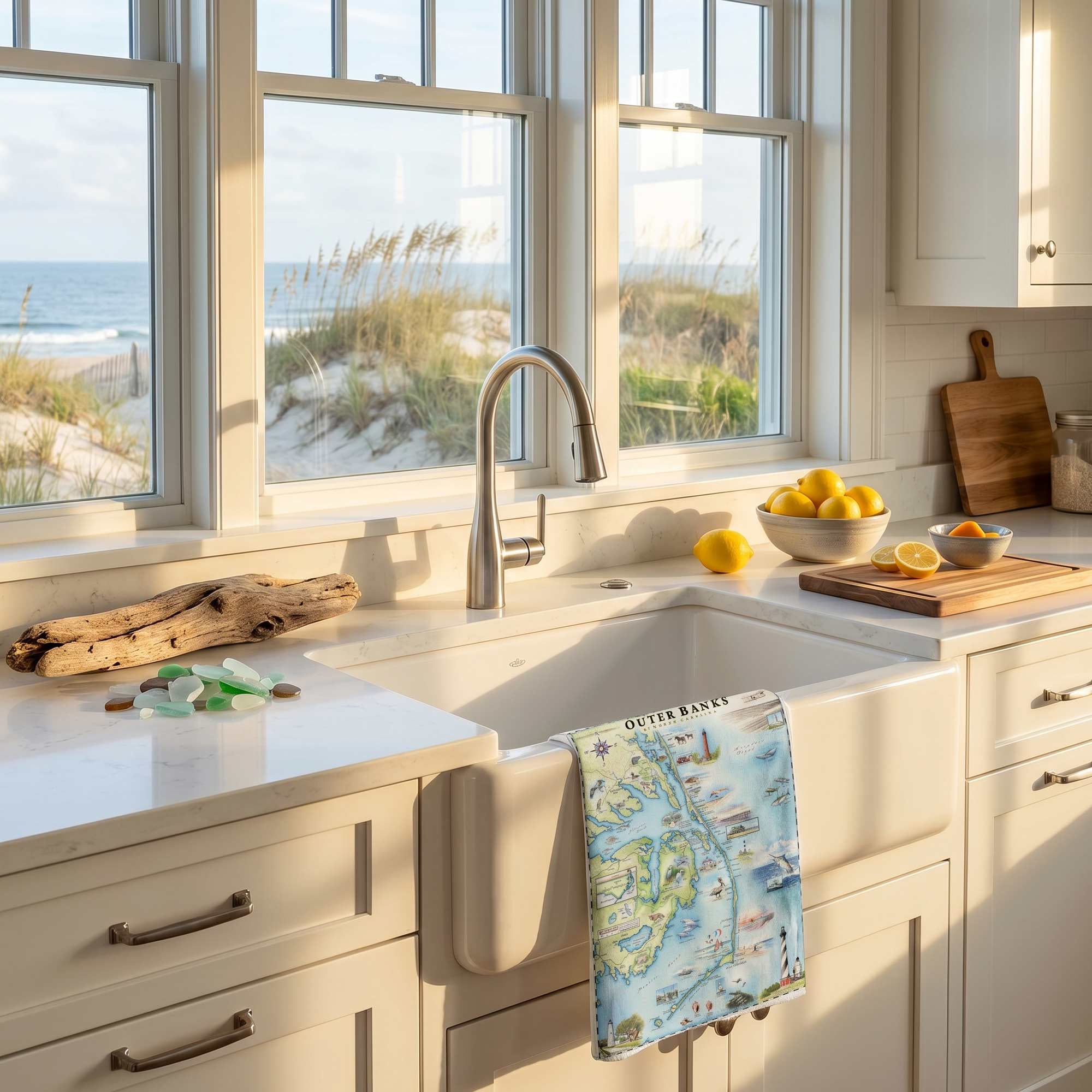 Kitchen with a sink and window view of beach scenery