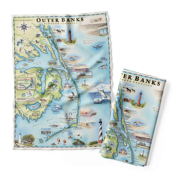 Outer Banks dishtowel featuring a hand-drawn map design on 100% cotton flour sack. Coastal-themed, absorbent, and durable kitchen towel.