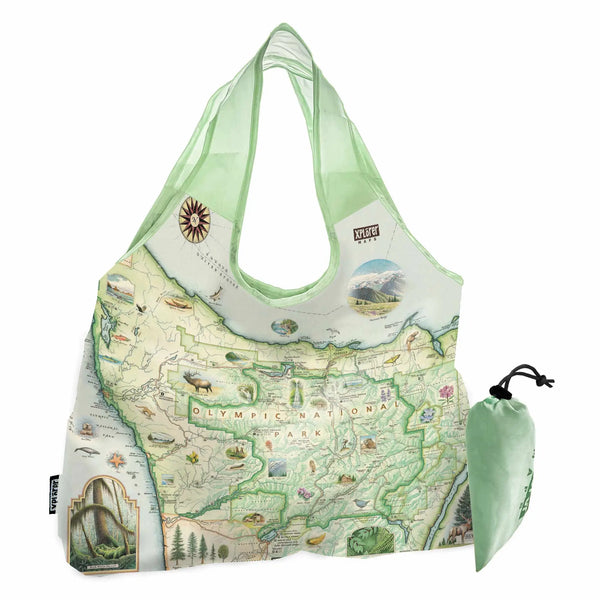 Olympic National Park Map Canvas Tote Bags by  Xplorer Maps. The map features illustrations of the park such as Enchanted Valley Chalet, Sol Duc Hot Springs Resort, Hurricane Ridge Visitor Center, and Kalaloch Lodge. Flora and fauna include sea otters, Roosevelt elk, Chinook salmon, skunk cabbage, and Flett's Violet.