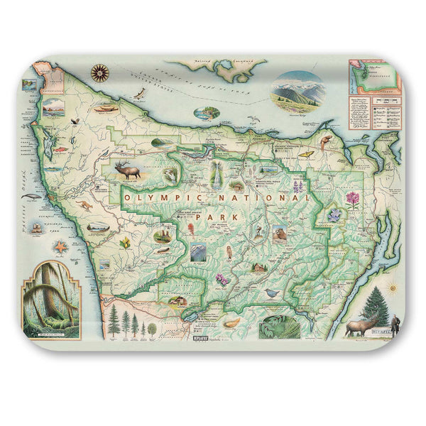Large Round Serving Tray Map of Olympic National Park with illustrations and text. 