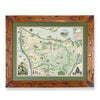 A framed vintage-style map of Olympic National Park, Washington, featuring a rustic brown wood frame with corner brackets and a green mat border.