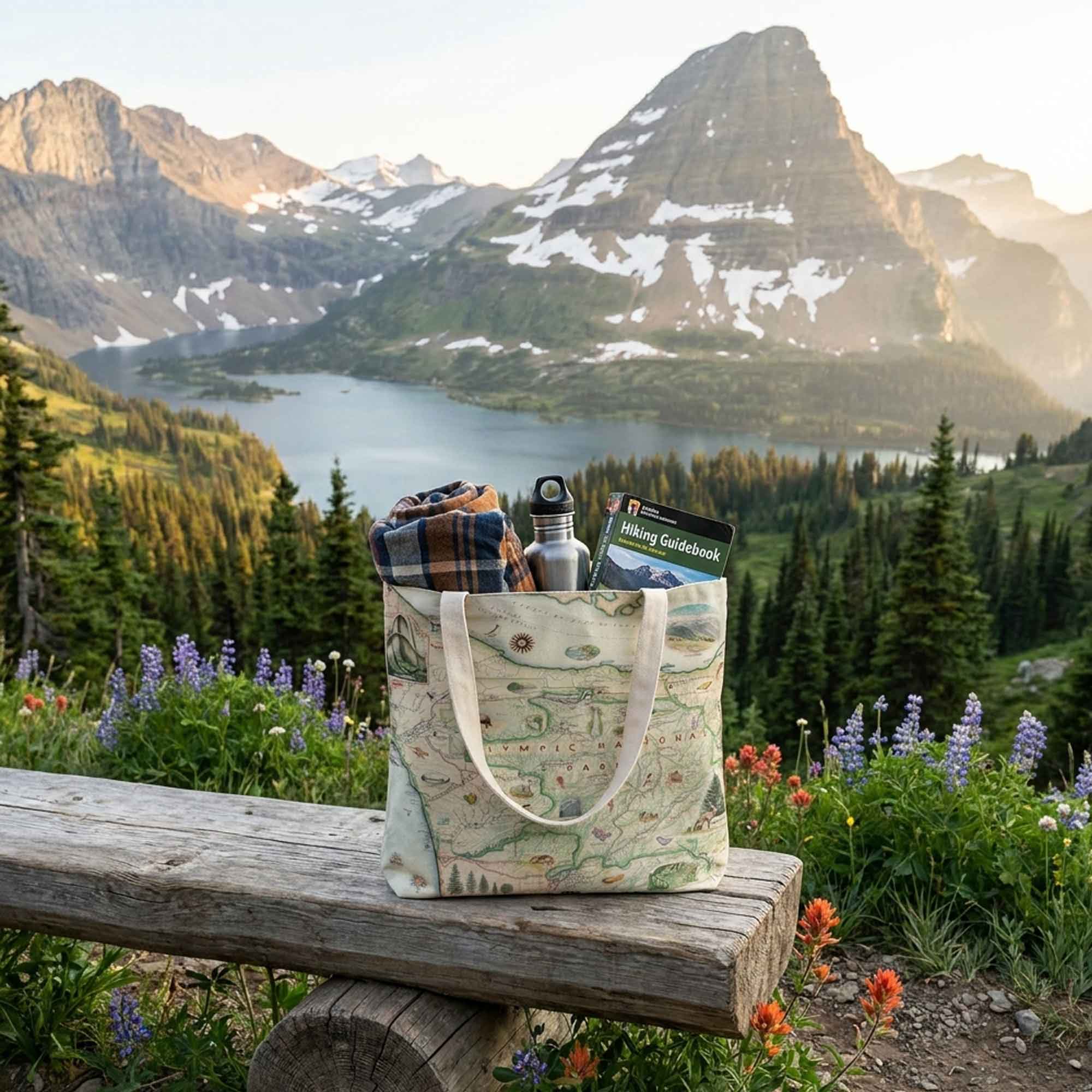 Map-patterned tote bag with a water bottle and guidebook on a wooden bench in a mountainous landscape.