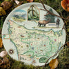 Map of Olympic National Park on a serving tray with nature-themed illustrations.