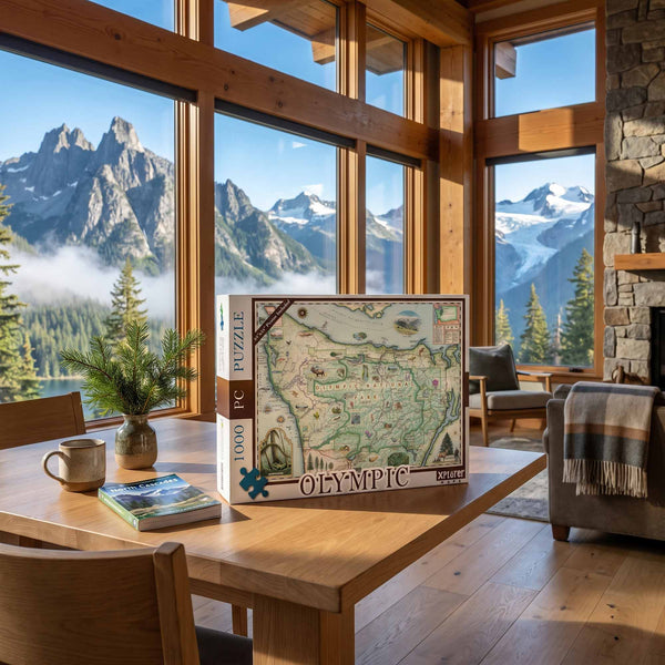 A completed jigsaw puzzle and its box displaying a vintage map of the Olympic Peninsula, styled on a wooden table in a cozy mountain-view lodge interior.