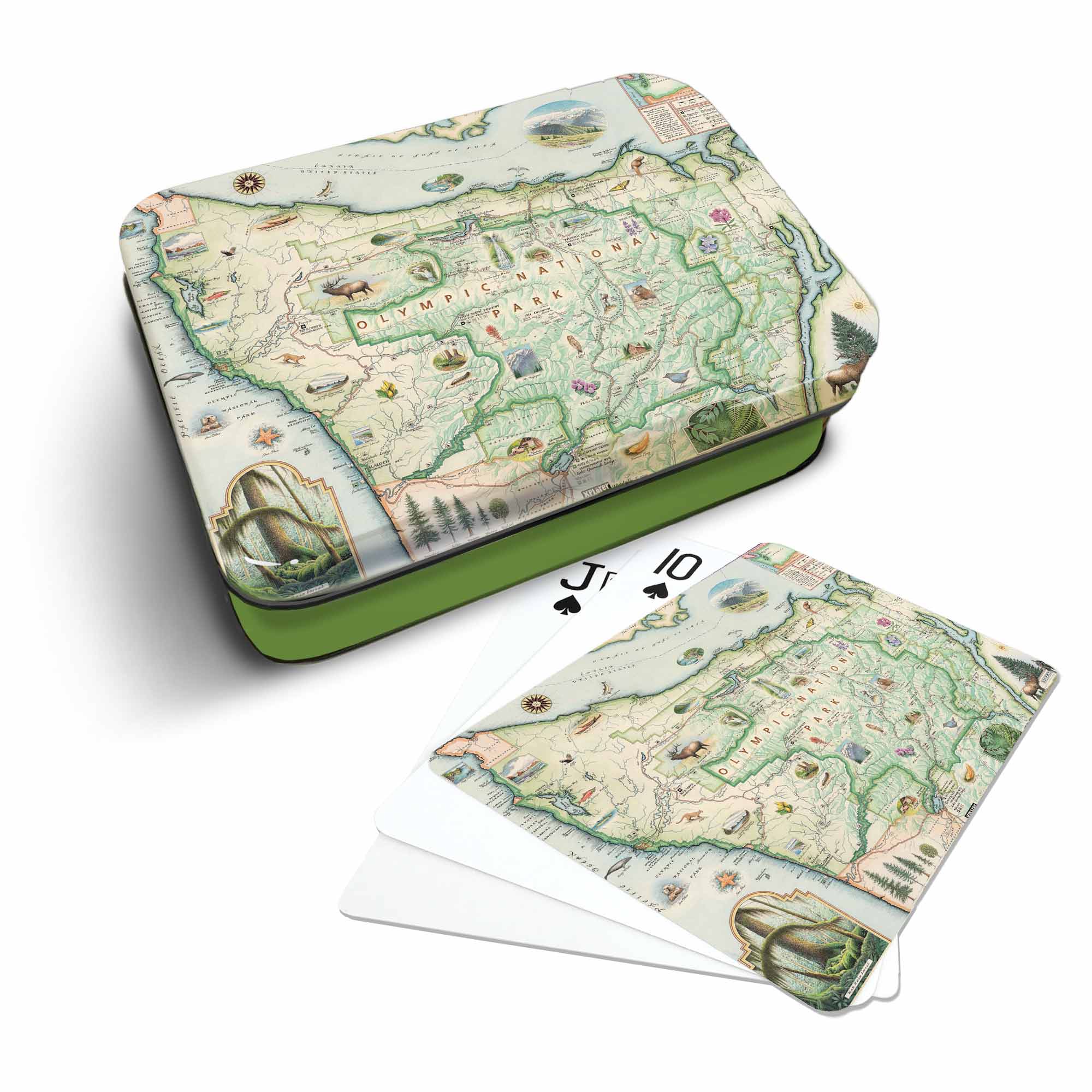 Olympic National Park Map Playing cards that features iconic attractions, flora and fauna of that area - Green Metal Tin