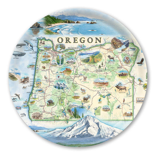 Large Round Serving Tray Map of Oregon with various icons on a decorative plate