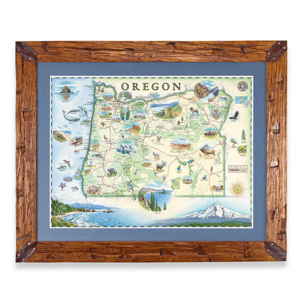 A framed Oregon state map art print with a rustic brown wooden frame and a blue mat border, shown against a plain white background.