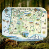 Serving Tray Map of Oregon with various icons on a forest background