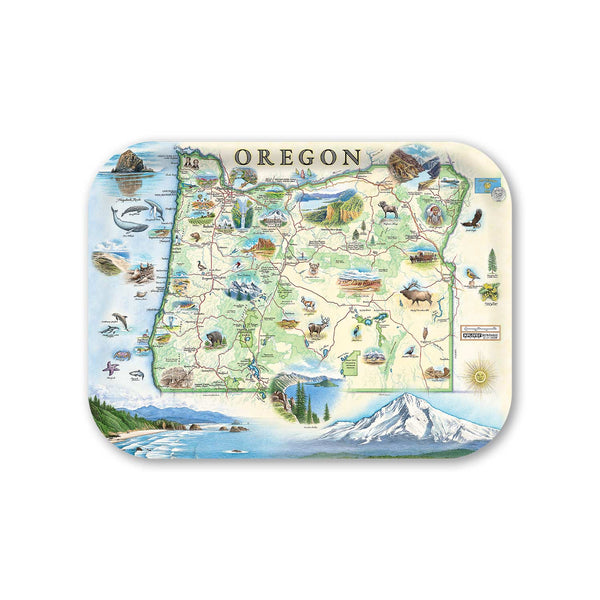 Medium Rectangle Serving Tray  Map of Oregon with various icons on a white background