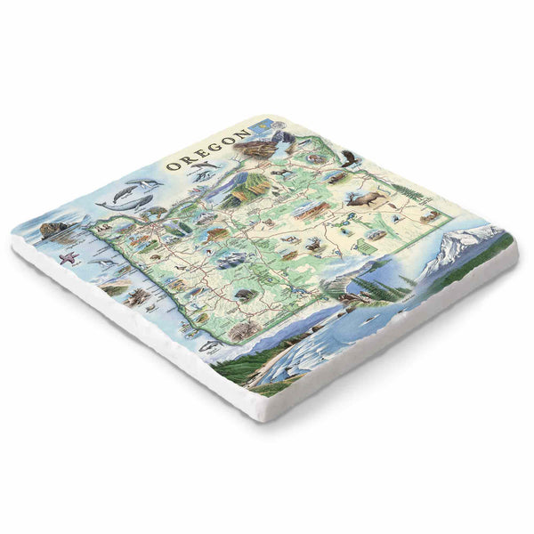 Oregon state map marble trivet with hand-drawn artwork – Xplorer Maps 6x6.