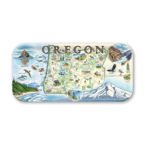 Small Rectangle Serving Tray  Oregon map with scenic illustrations on a white background
