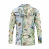 Hoodie with a map and nature-themed design on a white background