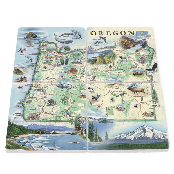 Image: Oregon stone coasters showcasing popular attractions such as Crater Lake National Park, Columbia River Gorge, Multnomah Falls, Haystack Rock, Cape Blanco Lighthouse, and Cannon Beach, alongside vibrant cities like Portland, Eugene, and Bend. The coasters also highlight the diverse flora including Douglas fir, ponderosa pine, and wildflowers, and abundant fauna such as black bears, elk, bald eagles, starfish, and salmon.