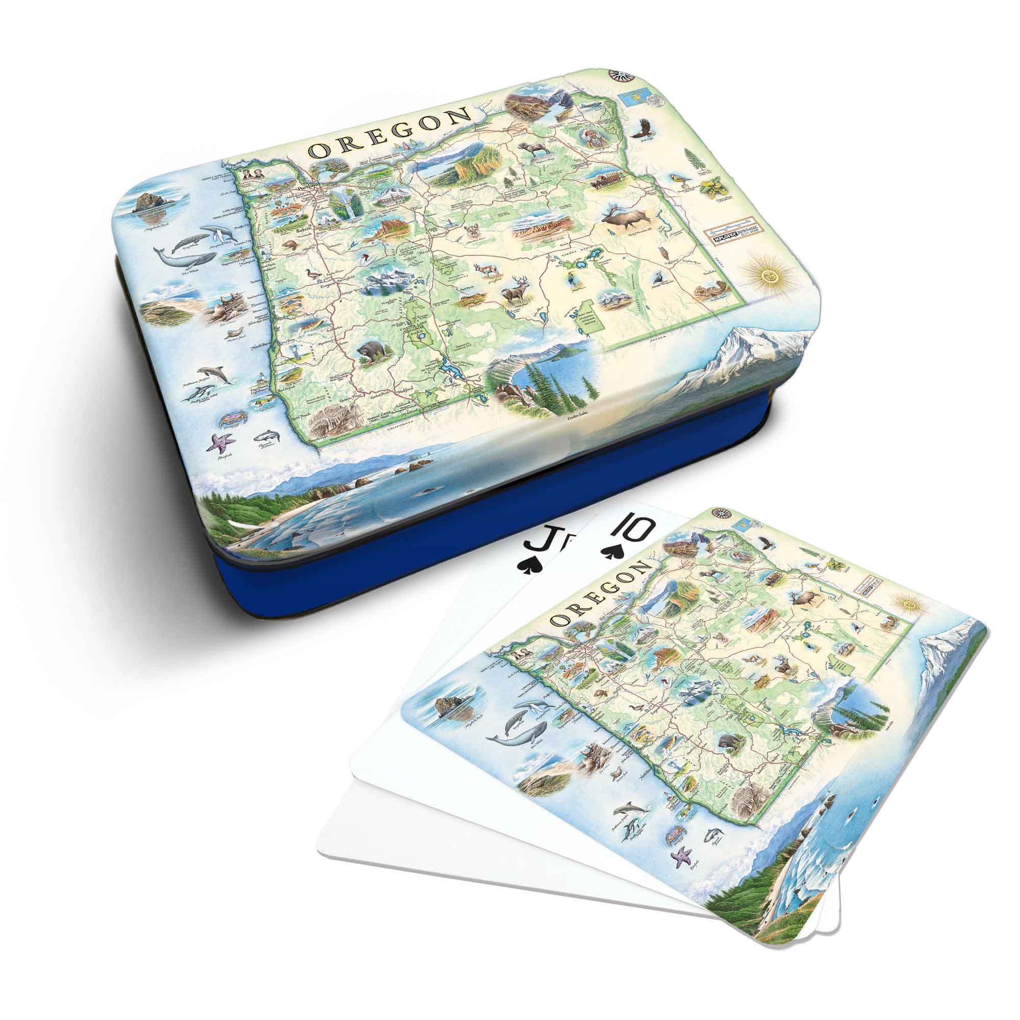 Oregon Map Playing cards that features iconic attractions, flora and fauna of that area - Blue Metal Tin