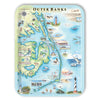 Large Rectangle serving tray map of Outer Banks, North Carolina with various icons and illustrations on a white background