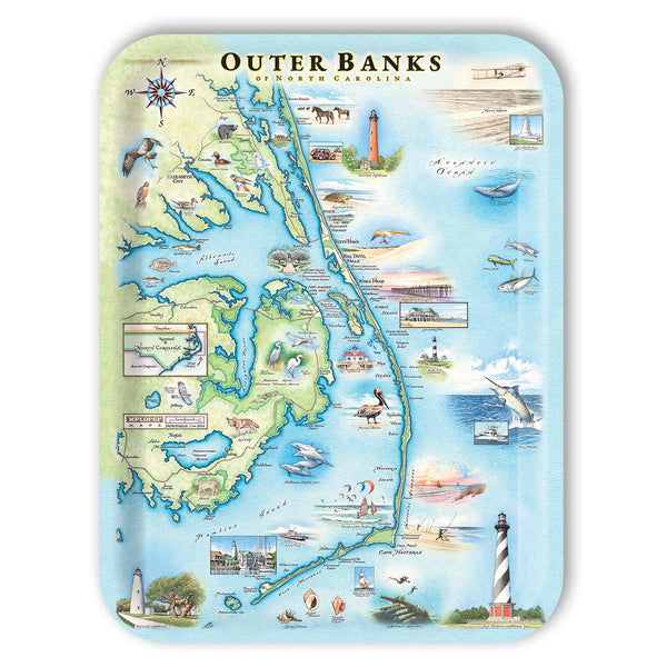 Large Rectangle serving tray map of Outer Banks, North Carolina with various icons and illustrations on a white background