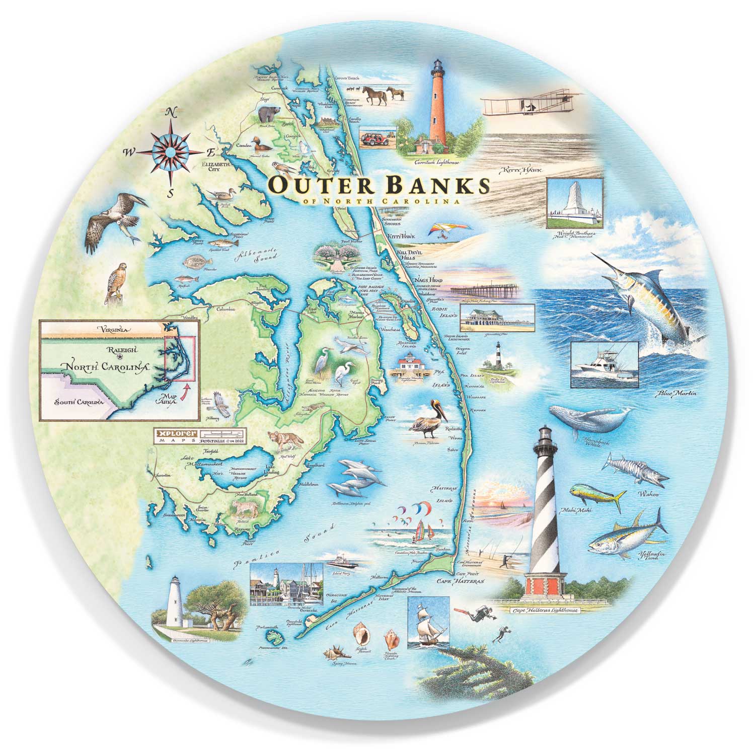 Round serving tray map of the Outer Banks with various icons and landmarks on a white background