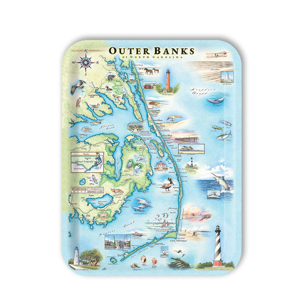 Medium Rectangle serving tray map of the Outer Banks with various icons and landmarks on a white background