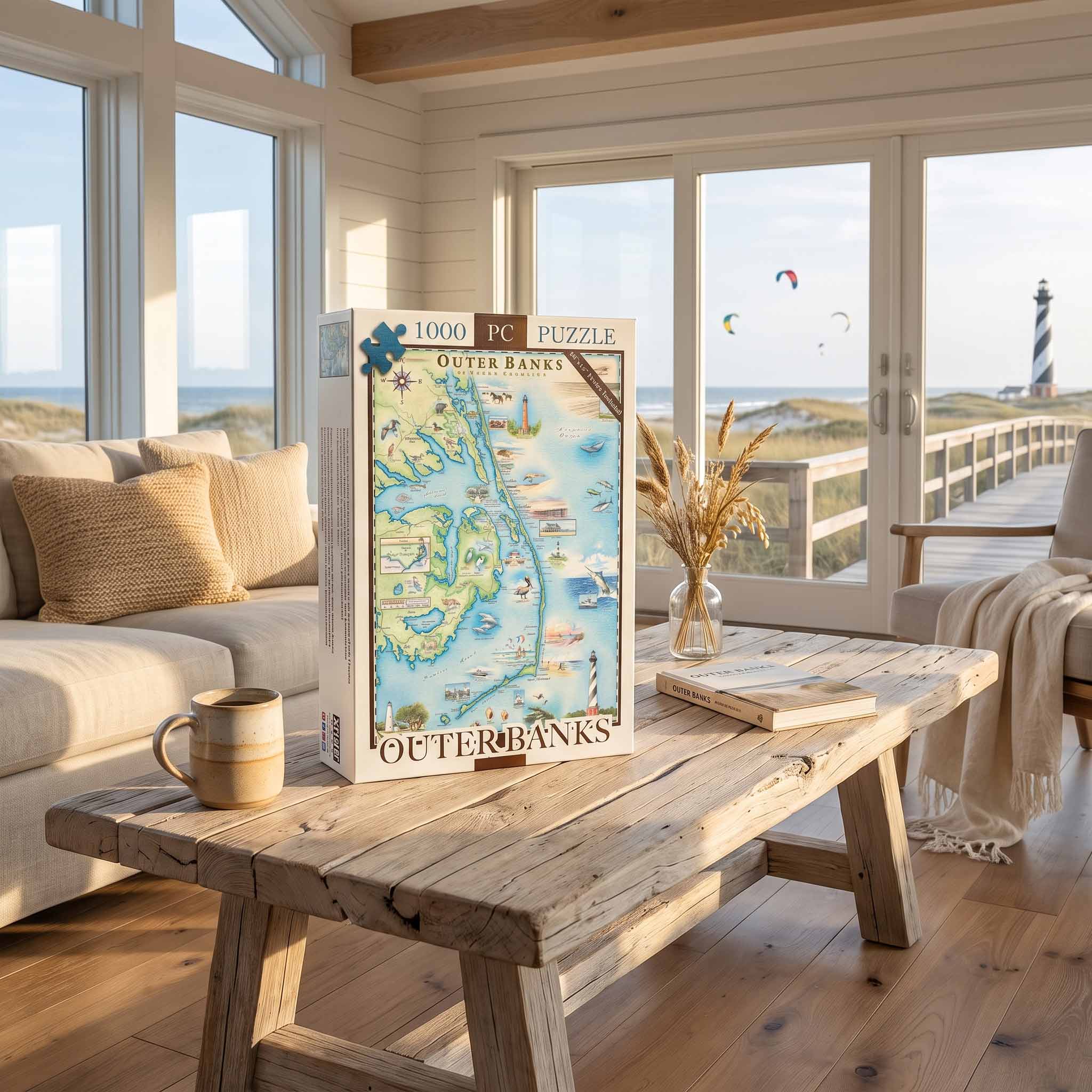 A 1000-piece jigsaw puzzle box for 'Outer Banks' stands on a rustic wooden table in a bright, modern coastal living room. The box features a detailed map illustration of a beach town.