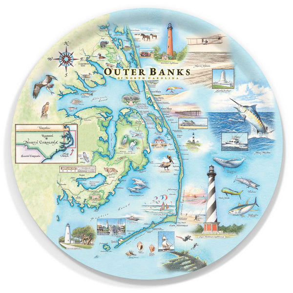 Round serving tray map of the Outer Banks with various icons and landmarks on a white background