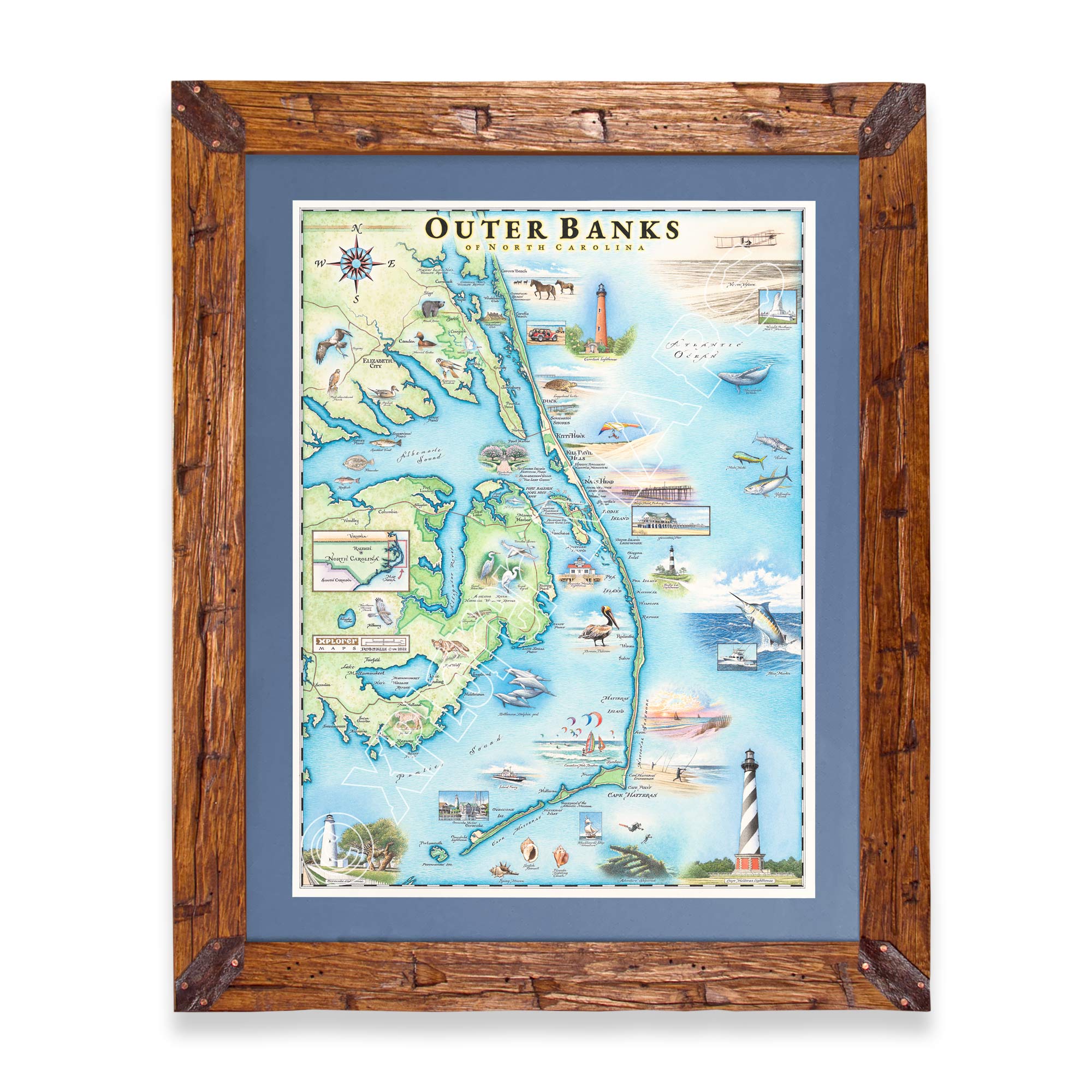 Framed vintage-style map of Outer Banks, North Carolina, with a rustic brown wooden frame, blue mat, and detailed coastal illustration.