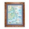 Framed vintage-style map of Outer Banks, North Carolina, with a rustic brown wooden frame, blue mat, and detailed coastal illustration.