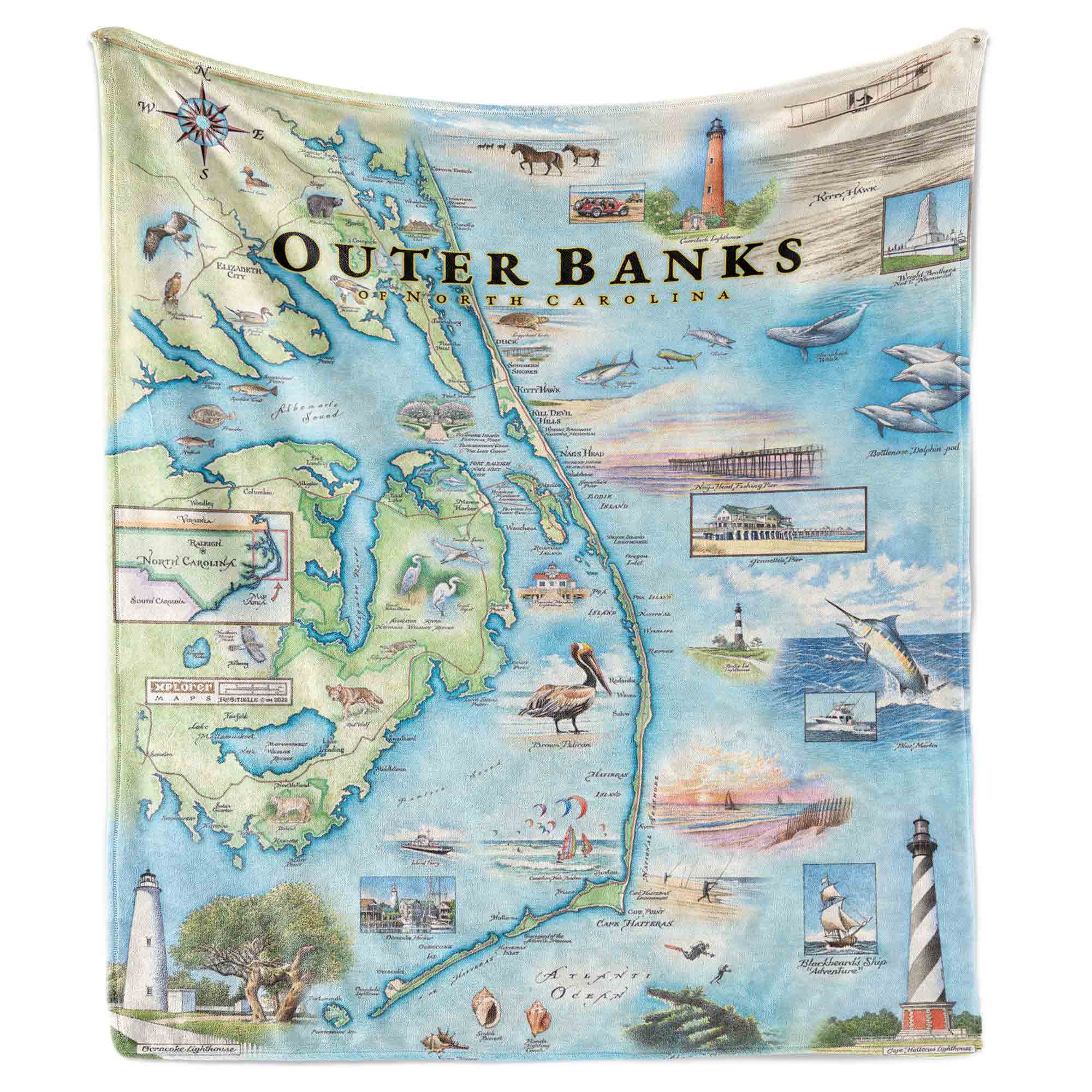 Add a touch of coastal charm to your space with this Outer Banks fleece blanket, hanging gracefully to showcase serene beach scenes, iconic lighthouses, and vibrant marine life. It's the perfect decorative accent for bringing the beauty of North Carolina's beloved destination into your home.