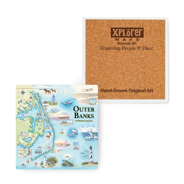 Outer Banks, North Carolina ceramic coaster with cork backing. This coaster showcases scenic beach vistas, lighthouses,  marine life, and cities like Kitty Hawk, Nags Head, and Kill Devil Hills. Designed in coastal colors of blues and greens.