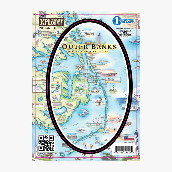 Outer Banks map sticker featuring illustrations of a lighthouse, wild horses, sea life, and seashells.